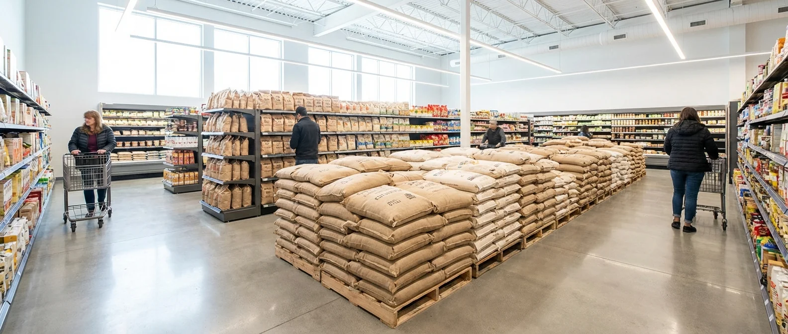 Organized grocery store aisle with bulk staple items.