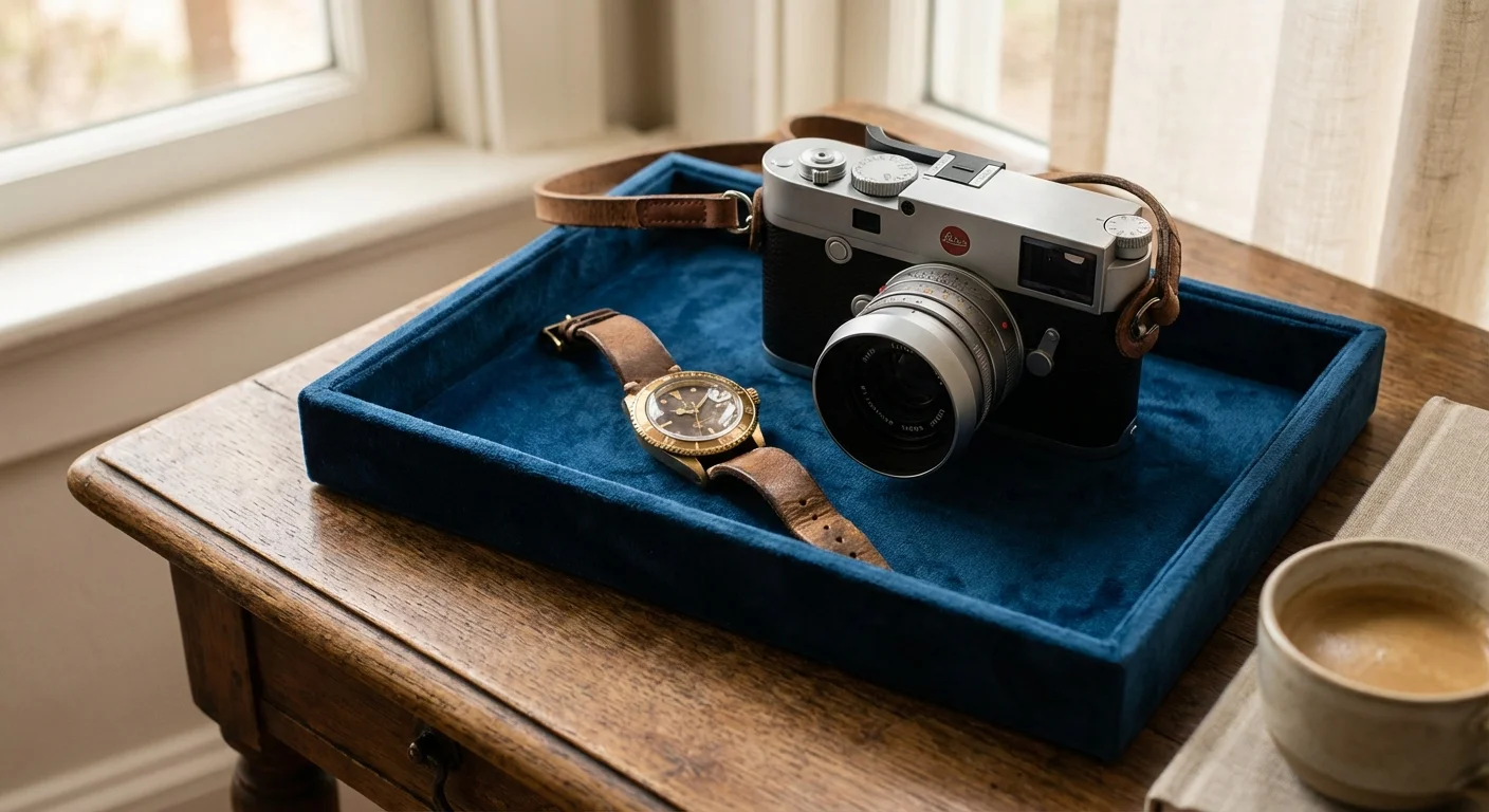 A high-end camera and vintage watch on a luxury tray.