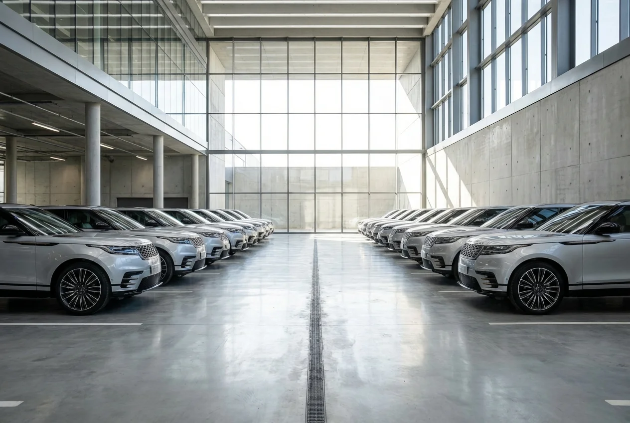 A long row of identical silver SUVs parked in a clean lot.