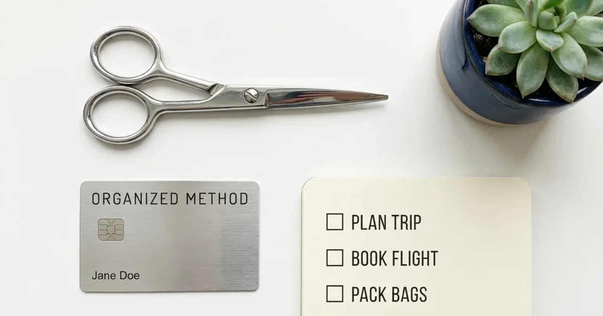 Flat lay of silver scissors, a succulent, metal card, and travel checklist on white background