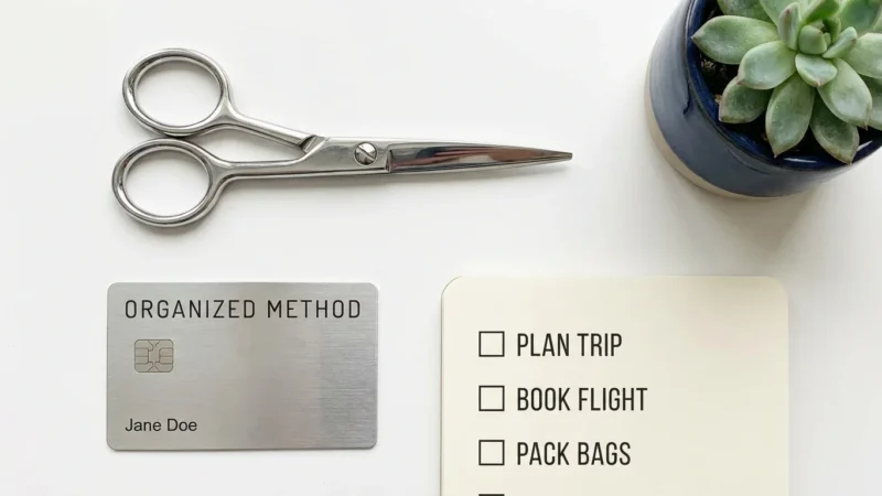 Flat lay of silver scissors, a succulent, metal card, and travel checklist on white background