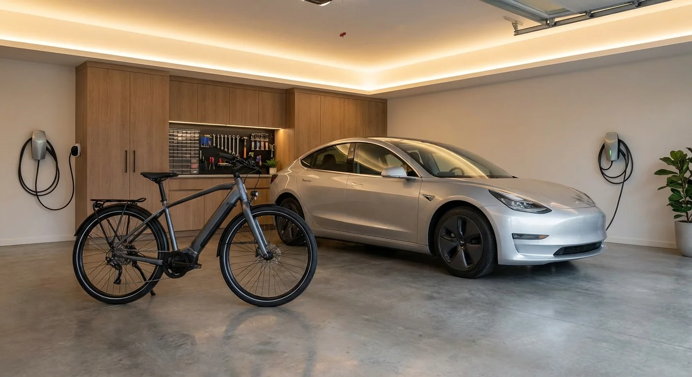 An e-bike and a car parked together in a clean, modern garage.