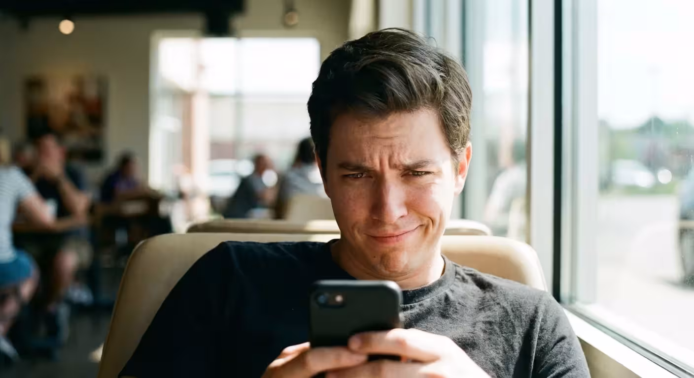 A person reviewing a high water bill on their phone in a modern kitchen.