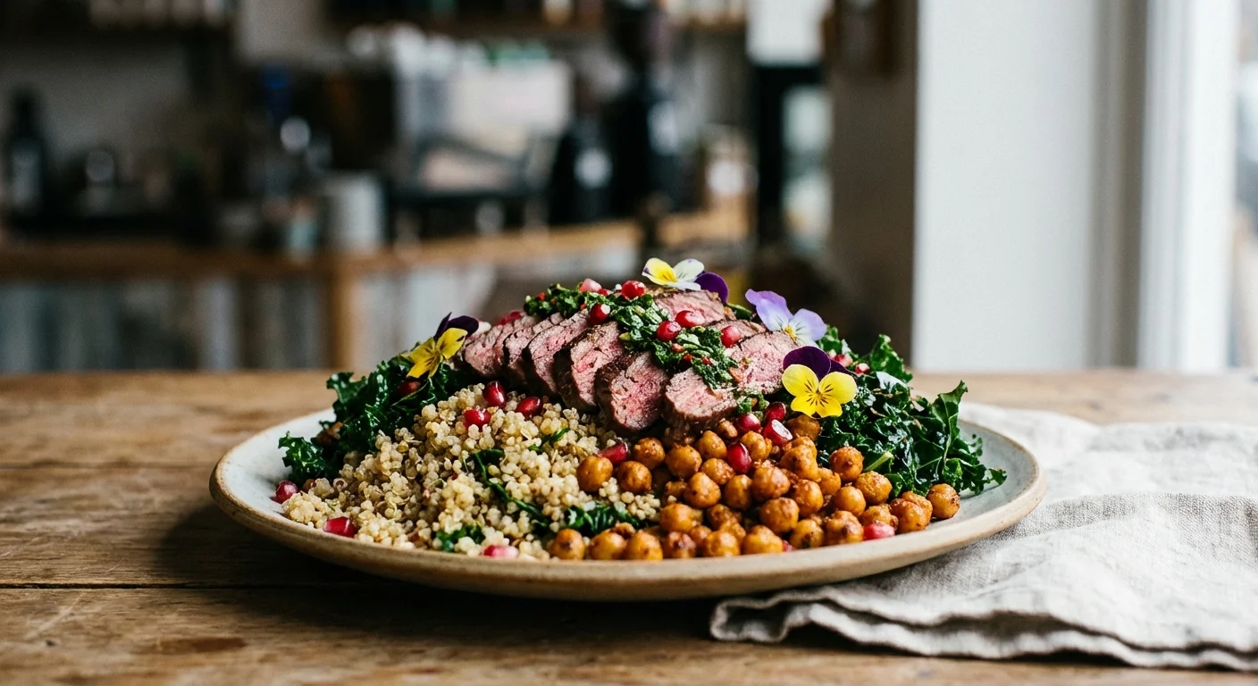 Healthy grain bowl with vegetables and small meat portion.