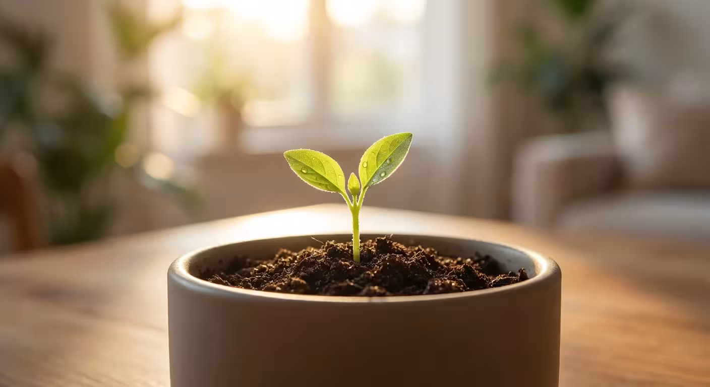 A small green plant sprouting from a ceramic pot in warm sunlight.
