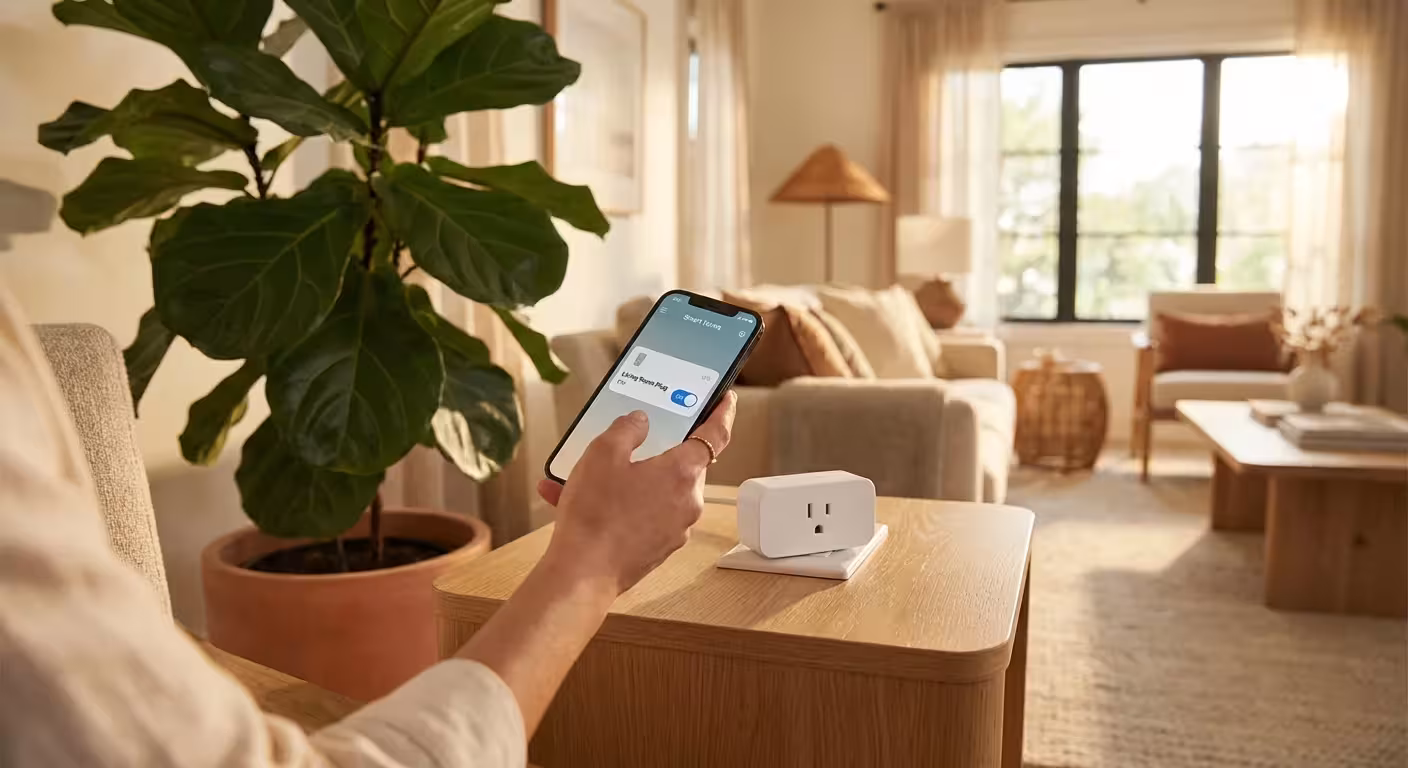 A person using a smartphone app to control a smart plug in a bright, modern living room.