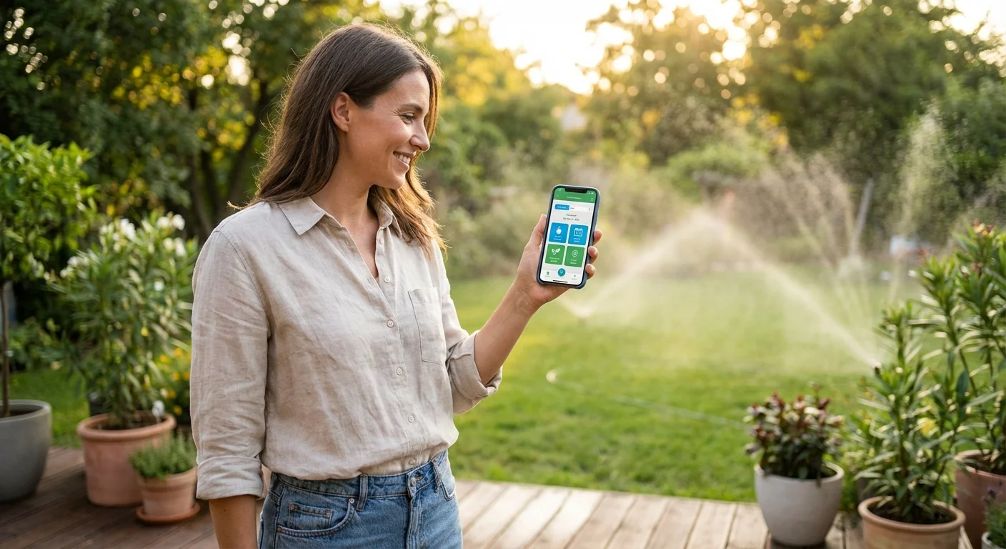 A homeowner using a smartphone to control their smart sprinkler system in a lush, sunlit backyard.