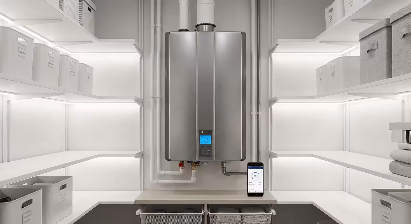 A high-efficiency water heater with a smart control panel in a clean utility room.