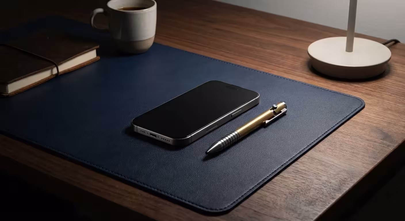 A high-end smartphone and metallic pen on a navy leather desk mat.