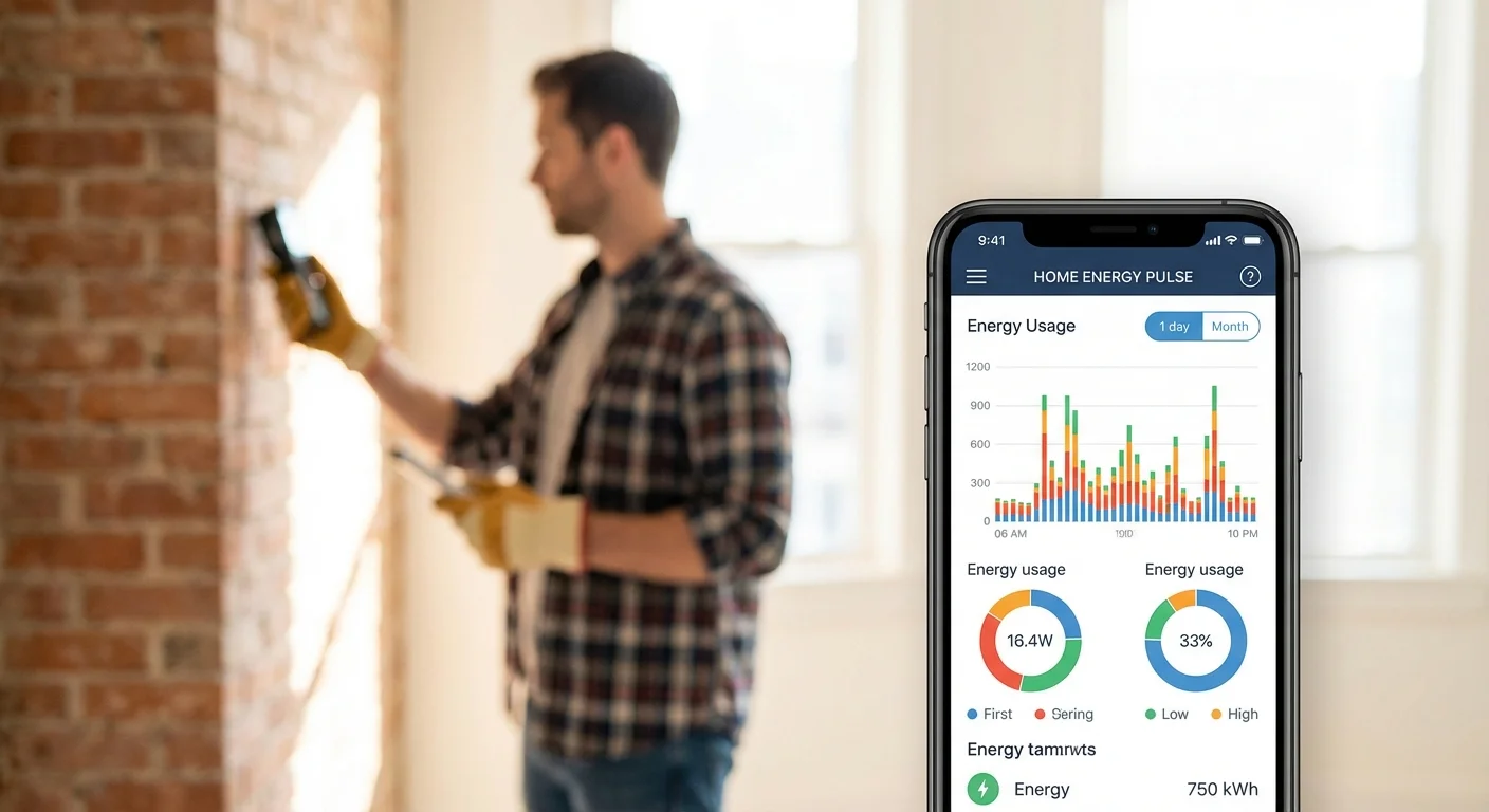 A smartphone showing an energy tracking app with a person inspecting a home in the background.