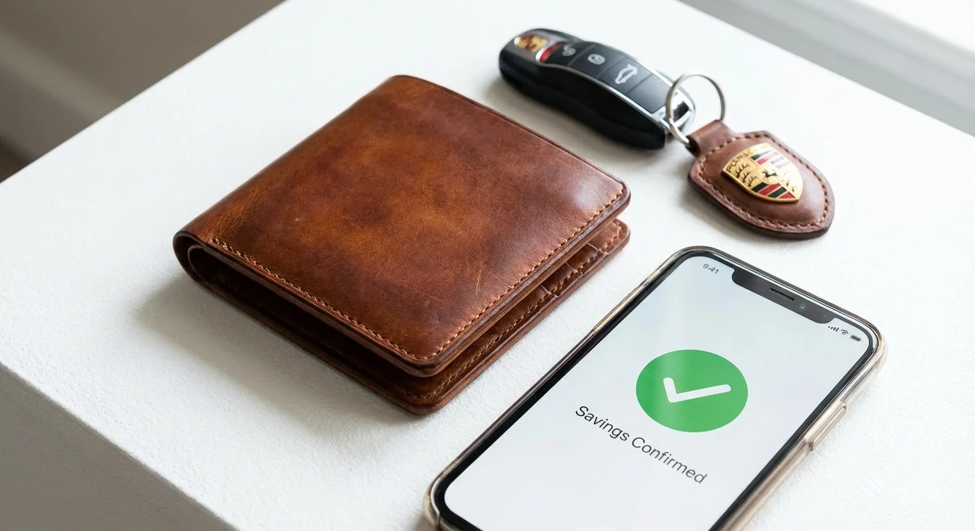 A flat-lay image of a wallet, keys, and a phone showing savings, representing financial savvy.