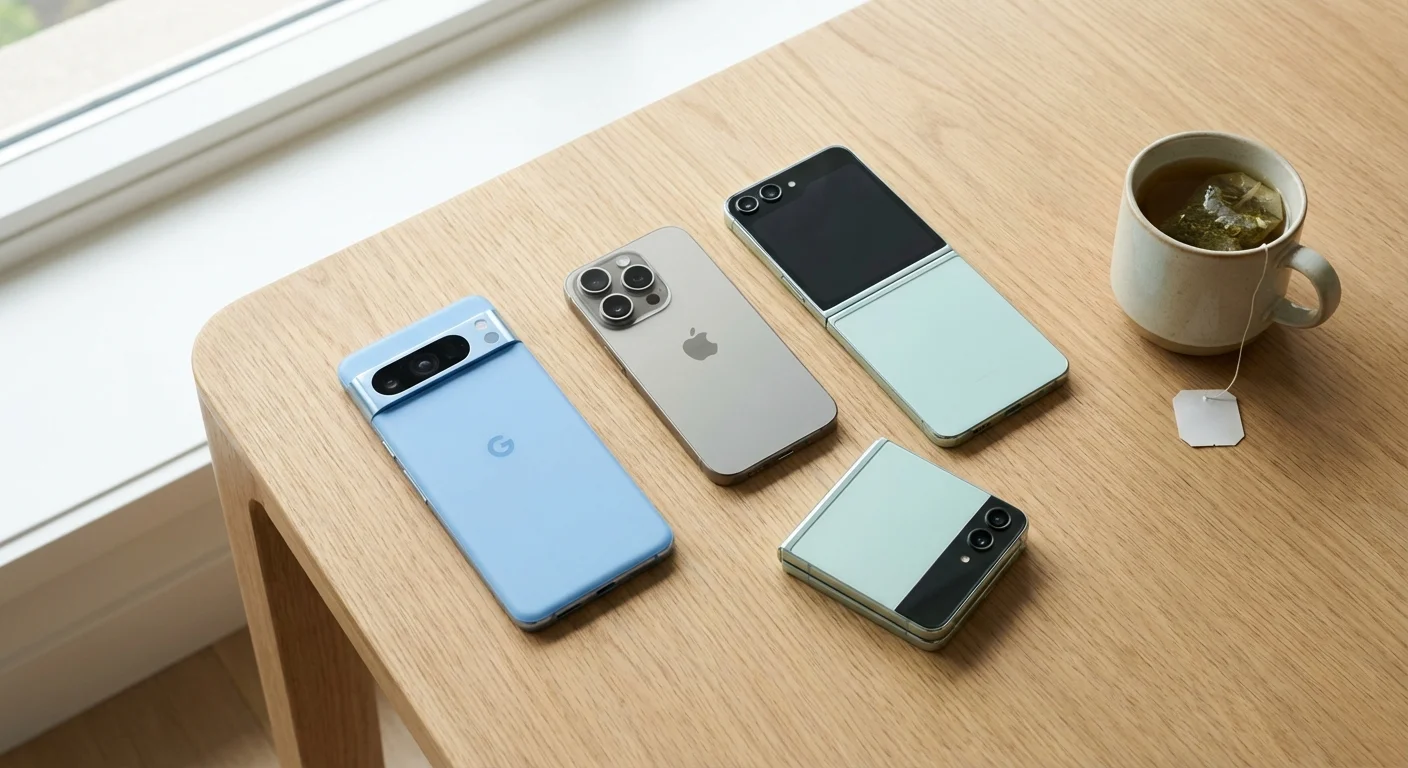 Multiple smartphones arranged neatly on a wooden table next to a tea cup.