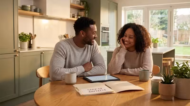 Smiling Black couple sitting at a kitchen table discussing future plans with a tablet