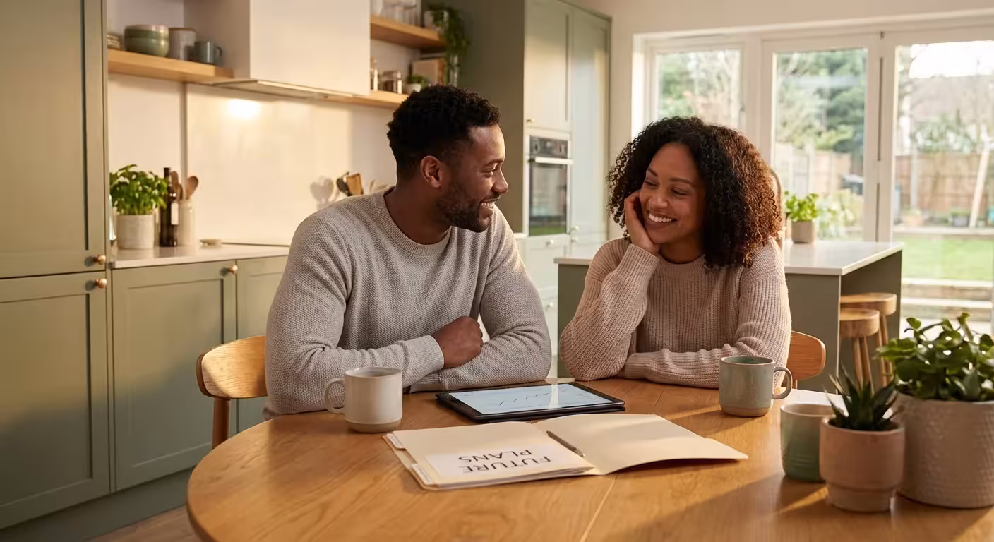 Smiling Black couple sitting at a kitchen table discussing future plans with a tablet