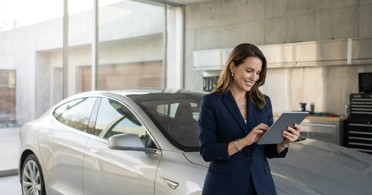 Smiling businesswoman using a digital tablet next to a silver electric car in a modern showroom