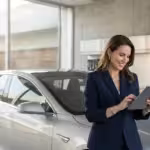 Smiling businesswoman using a digital tablet next to a silver electric car in a modern showroom