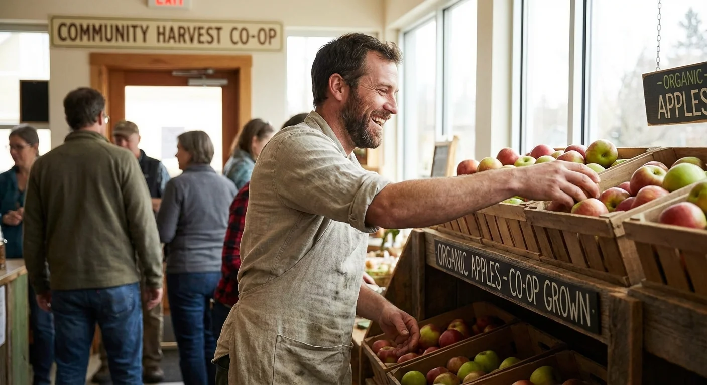A man in an apron stocking fresh apples in a community market.