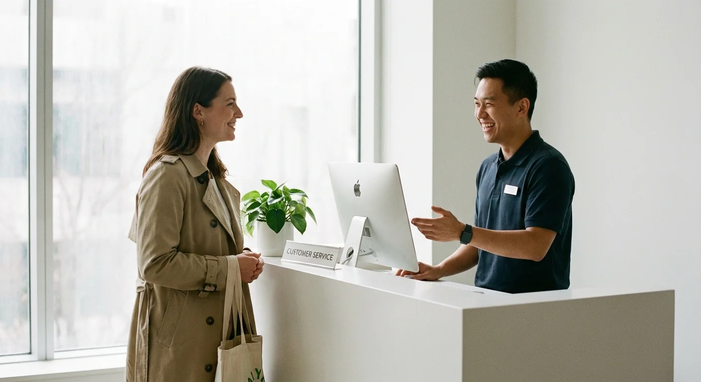 A shopper politely asking a store clerk for a raincheck at a service desk.