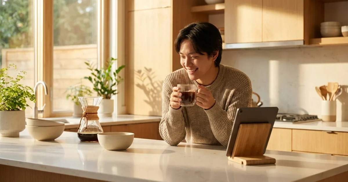 Smiling young man drinks coffee while watching a tablet in a bright modern kitchen