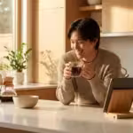 Smiling young man drinks coffee while watching a tablet in a bright modern kitchen