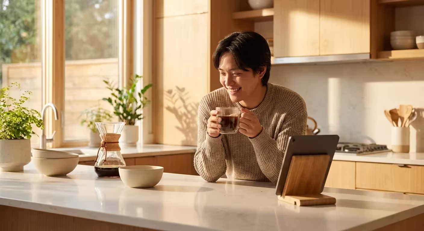 Smiling young man drinks coffee while watching a tablet in a bright modern kitchen