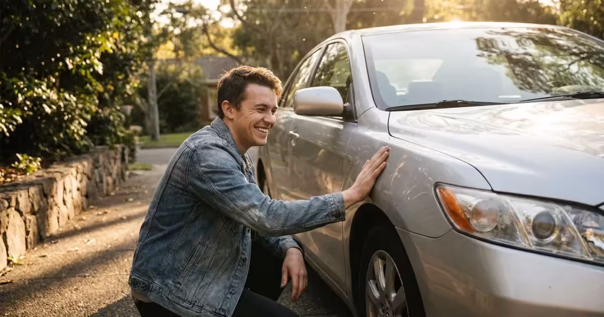 Smiling man in a denim jacket touching a silver car in a driveway.