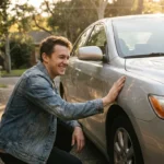 Smiling man in a denim jacket touching a silver car in a driveway.