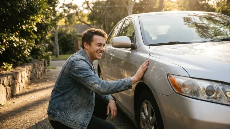 Smiling man in a denim jacket touching a silver car in a driveway.