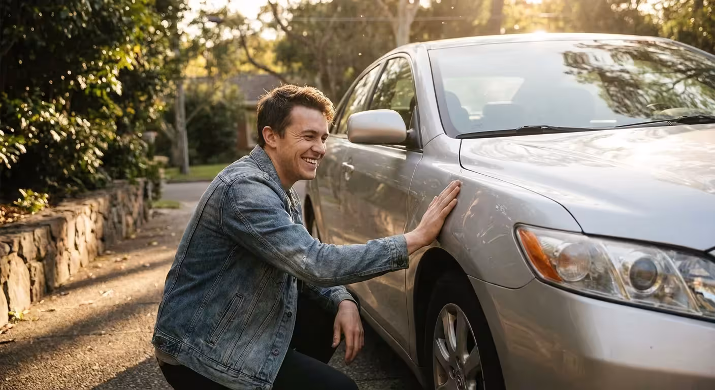 Smiling man in a denim jacket touching a silver car in a driveway.