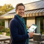 Smiling man monitoring solar energy usage on a tablet outside a home with solar panels