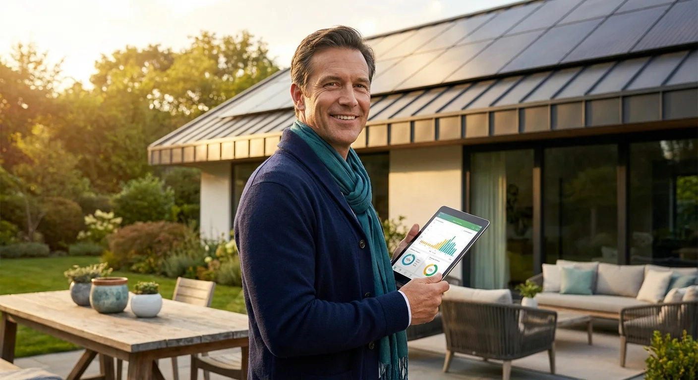 Smiling man monitoring solar energy usage on a tablet outside a home with solar panels