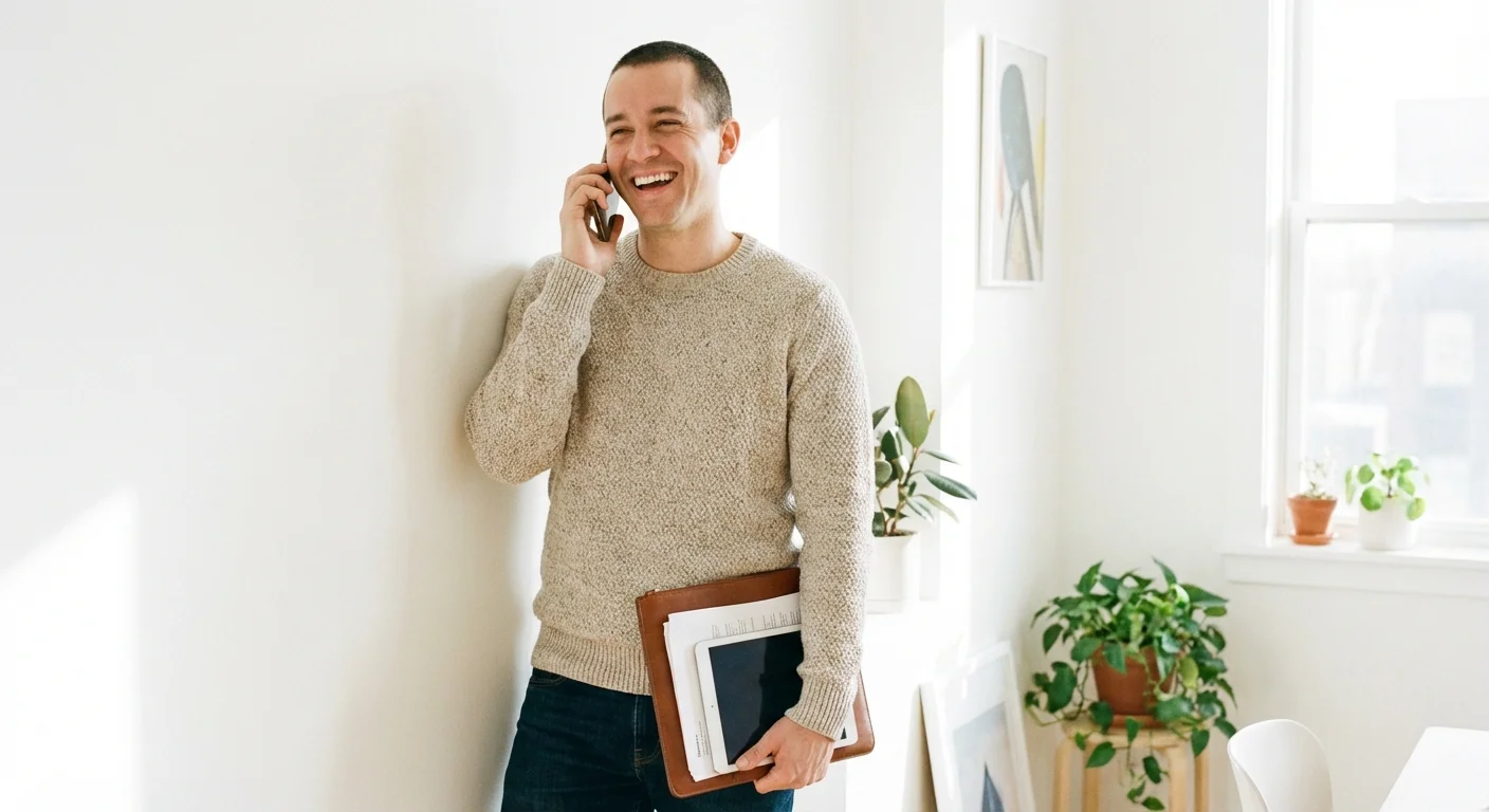 A person smiling while talking on the phone, representing a successful call for insurance discounts.