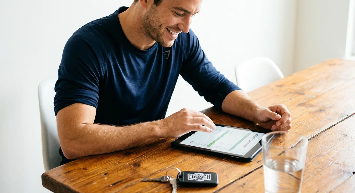 A man reviewing fitness expenses on a tablet at a wooden table.