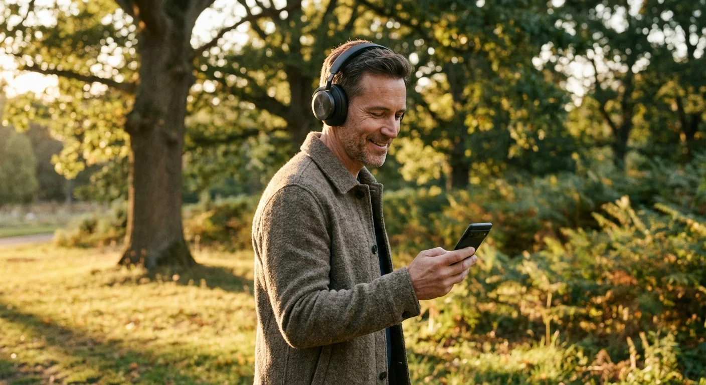 A man listening to an audiobook while walking in a sunlit park.
