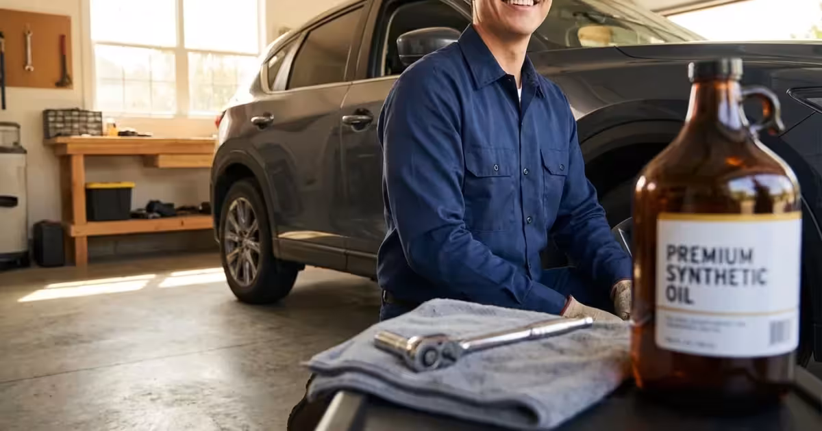 Smiling man in a blue shirt prepares for an oil change in his garage.