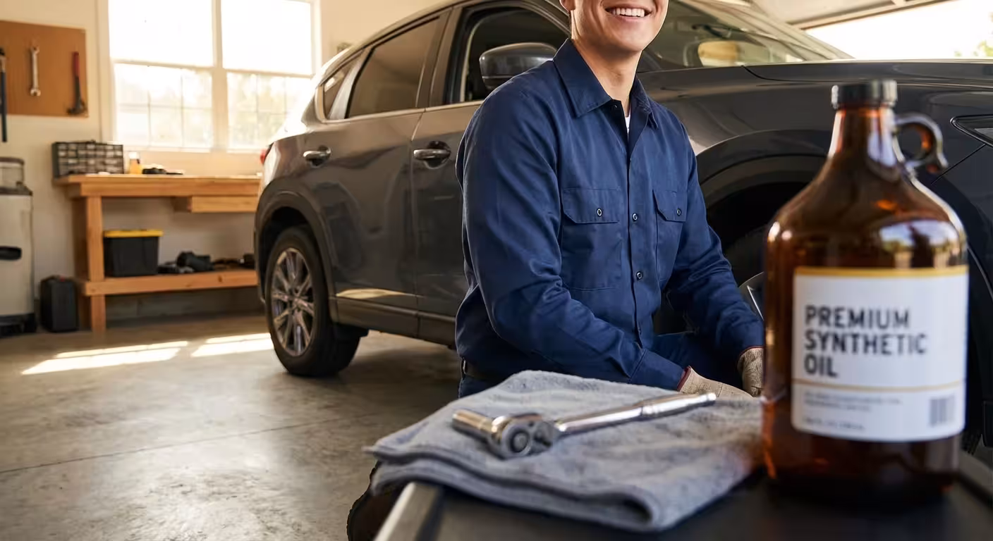 Smiling man in a blue shirt prepares for an oil change in his garage.