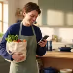 Smiling person in an apron holding fresh vegetables and using a smartphone in a kitchen.
