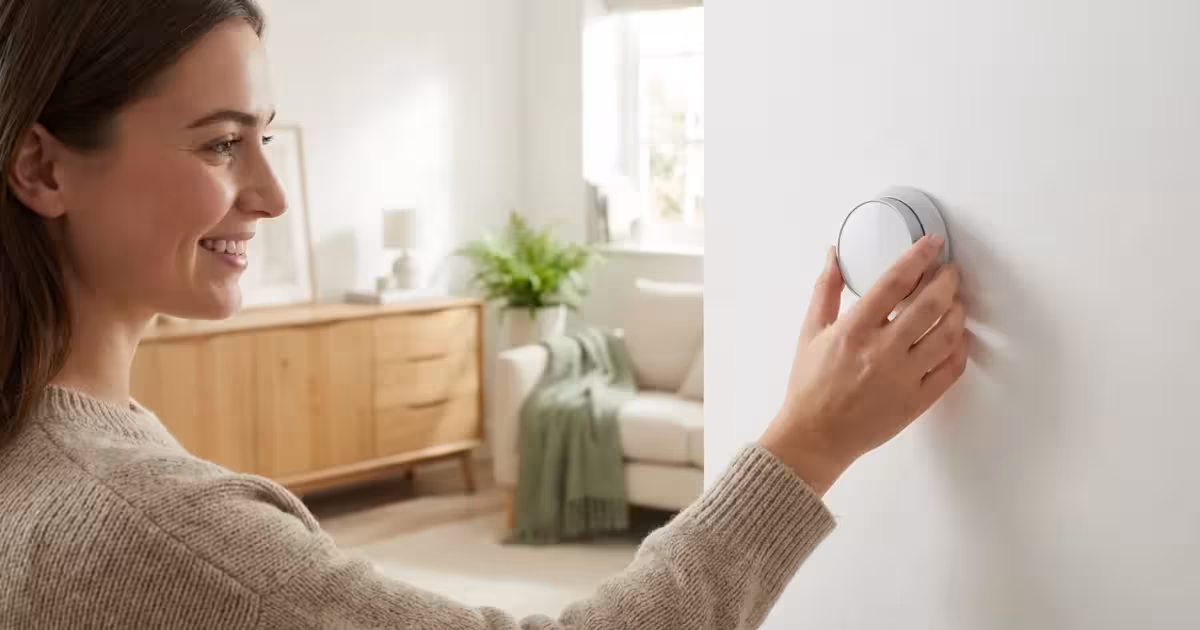 A smiling woman in a beige sweater adjusts a circular smart thermostat on a white wall.