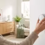 A smiling woman in a beige sweater adjusts a circular smart thermostat on a white wall.