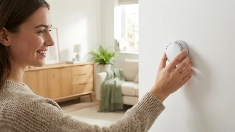 A smiling woman in a beige sweater adjusts a circular smart thermostat on a white wall.