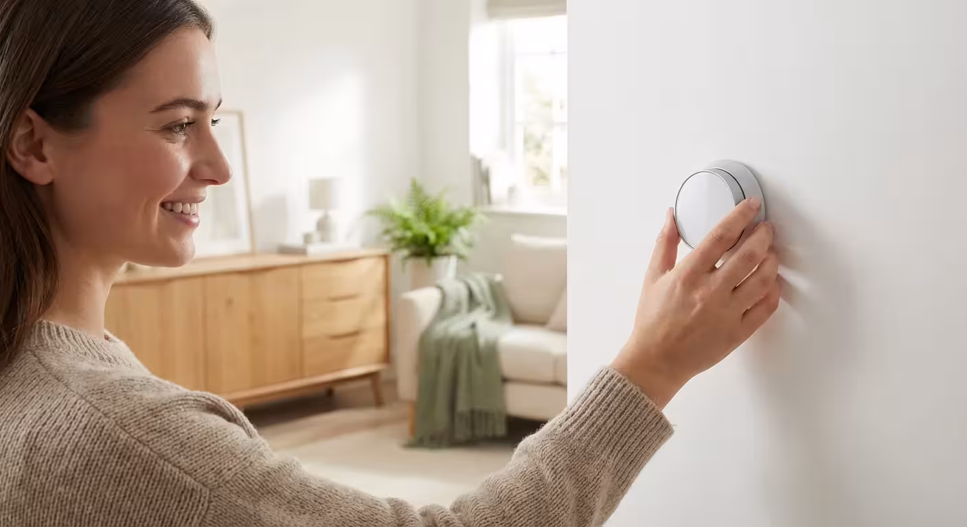 A smiling woman in a beige sweater adjusts a circular smart thermostat on a white wall.