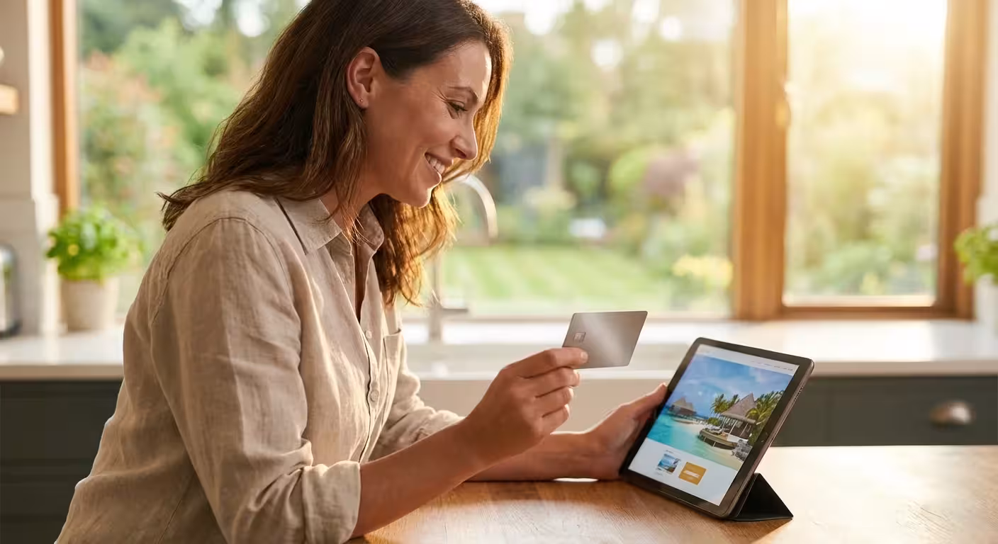 A woman comparing information on two tablets at a kitchen island.