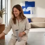 Smiling woman in a modern living room plugging a portable speaker into a wall outlet.