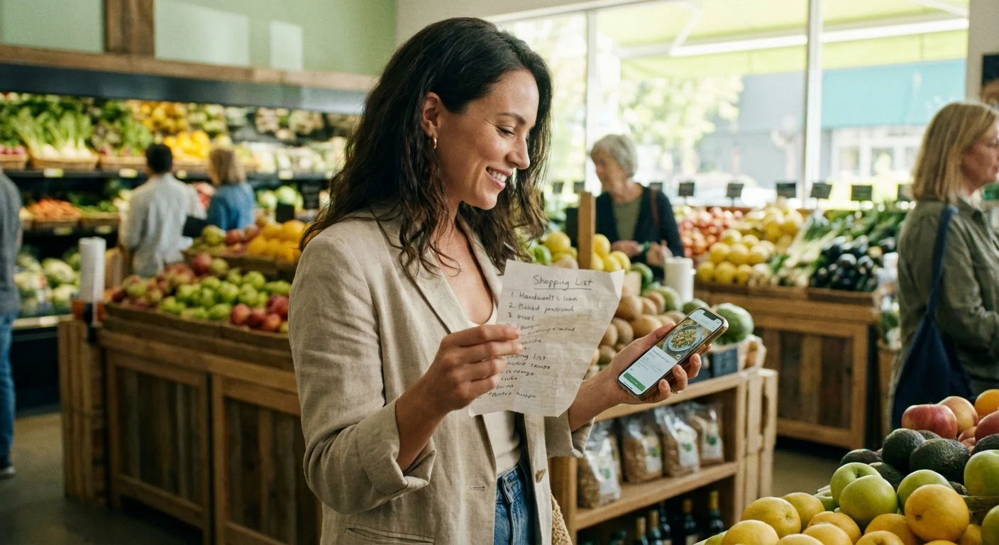 A shopper using a list and a phone to compare prices in the produce section.