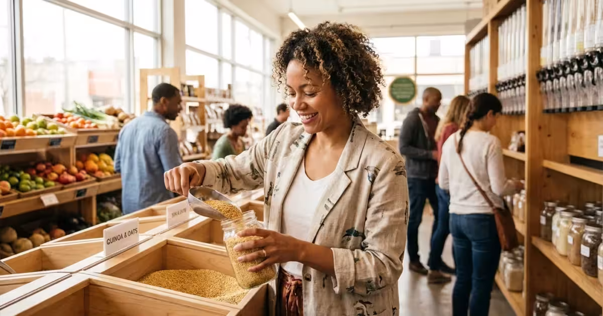 A smiling woman fills a glass jar with grains at a zero-waste grocery store.