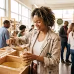 A smiling woman fills a glass jar with grains at a zero-waste grocery store.