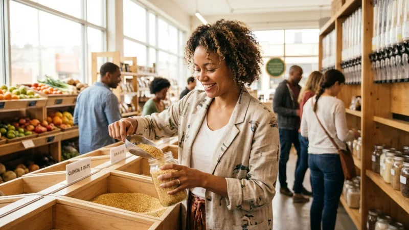 A smiling woman fills a glass jar with grains at a zero-waste grocery store.