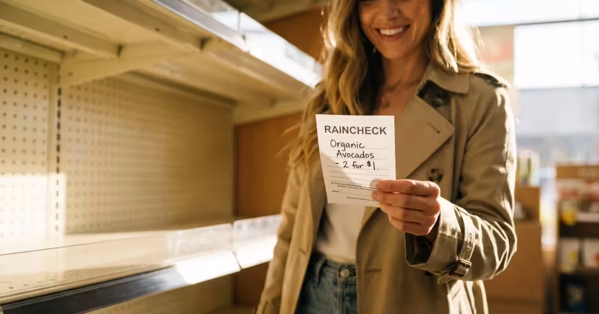 Smiling woman holding a raincheck slip for avocados in front of empty grocery store shelves.