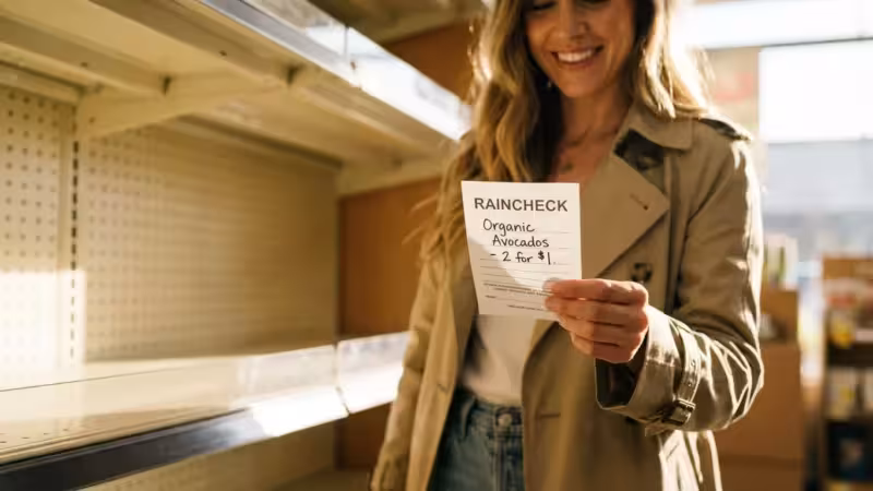 Smiling woman holding a raincheck slip for avocados in front of empty grocery store shelves.