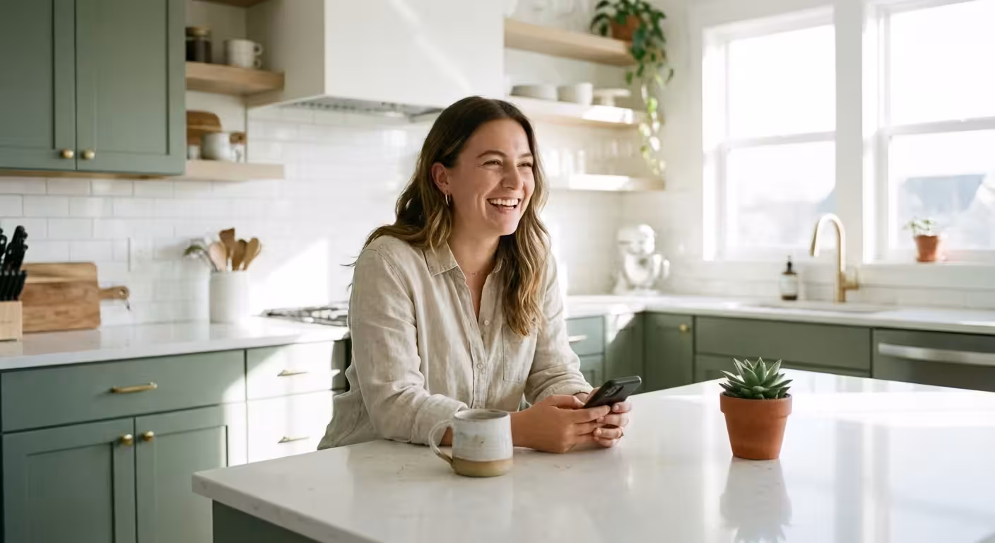 A smiling woman sits at a kitchen island holding a smartphone in a modern green kitchen.